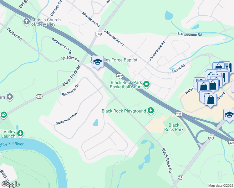 map of restaurants, bars, coffee shops, grocery stores, and more near 1362 Black Rock Road in Phoenixville