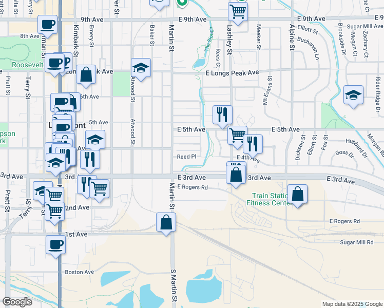 map of restaurants, bars, coffee shops, grocery stores, and more near 36 Reed Place in Longmont