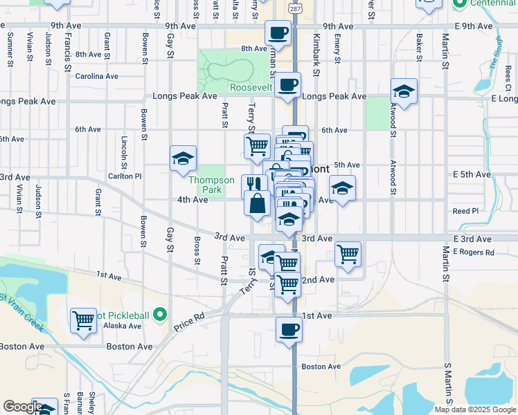 map of restaurants, bars, coffee shops, grocery stores, and more near 350 Terry Street in Longmont