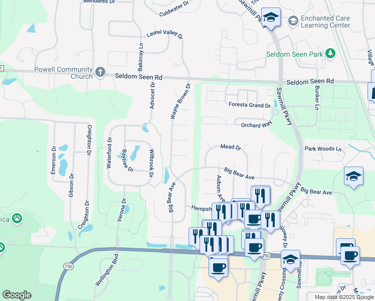 map of restaurants, bars, coffee shops, grocery stores, and more near 4060 Essex Court in Powell