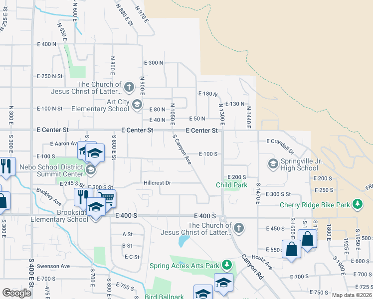 map of restaurants, bars, coffee shops, grocery stores, and more near 125 South Canyon Avenue in Springville