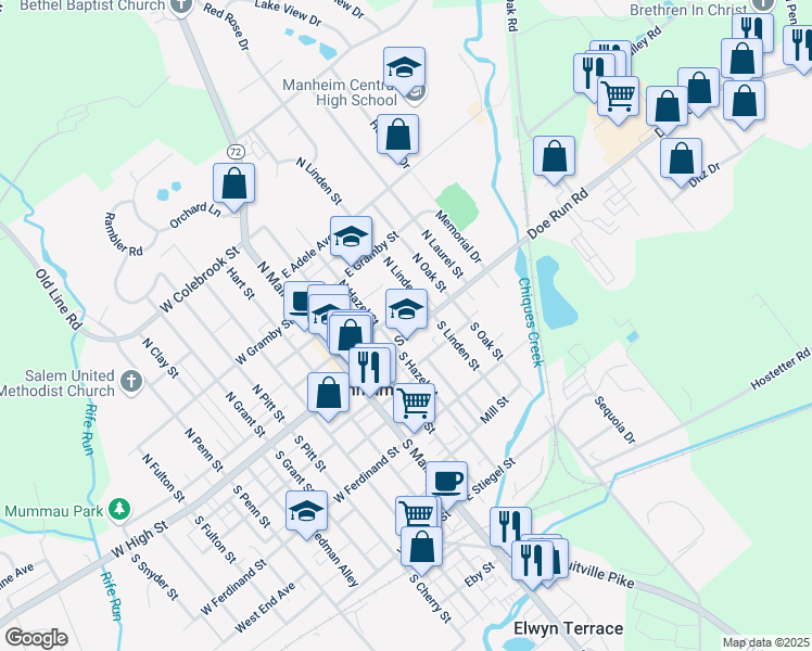 map of restaurants, bars, coffee shops, grocery stores, and more near 122 East High Street in Manheim