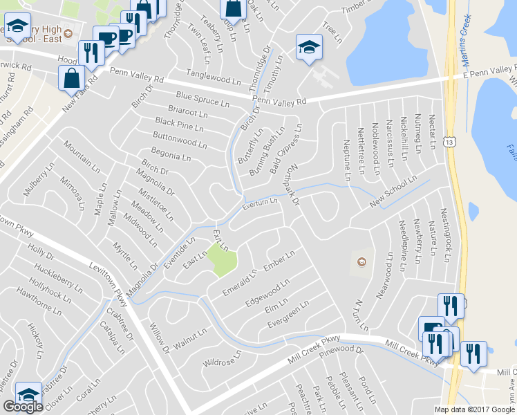 map of restaurants, bars, coffee shops, grocery stores, and more near 43 Everturn Lane in Levittown