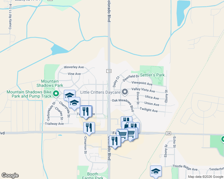 map of restaurants, bars, coffee shops, grocery stores, and more near 11341 Daisy Court in Longmont