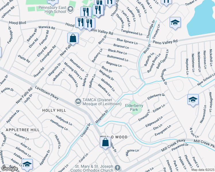 map of restaurants, bars, coffee shops, grocery stores, and more near 31 Mistletoe Lane in Levittown