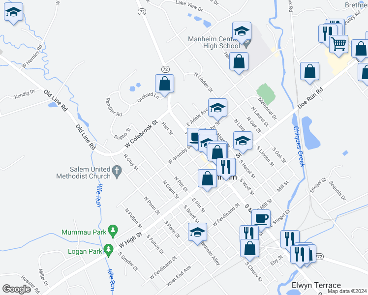 map of restaurants, bars, coffee shops, grocery stores, and more near 26 West Gramby Street in Manheim