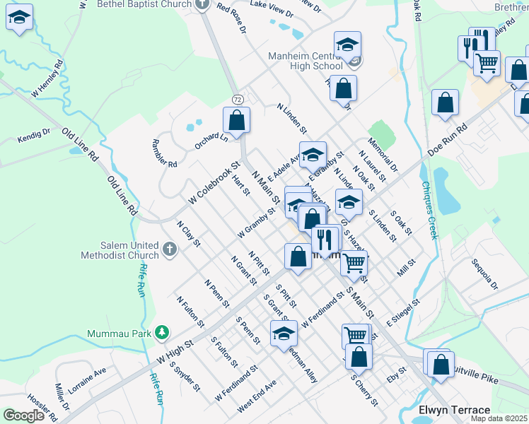 map of restaurants, bars, coffee shops, grocery stores, and more near 26 West Gramby Street in Manheim