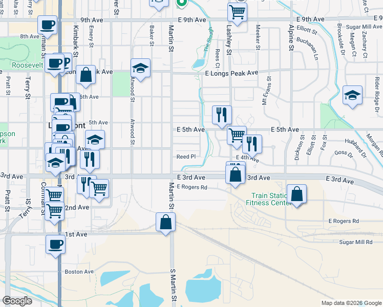 map of restaurants, bars, coffee shops, grocery stores, and more near 36 Reed Place in Longmont