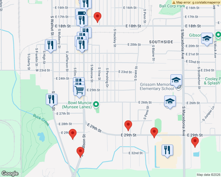 map of restaurants, bars, coffee shops, grocery stores, and more near 3113 South Pershing Drive in Muncie