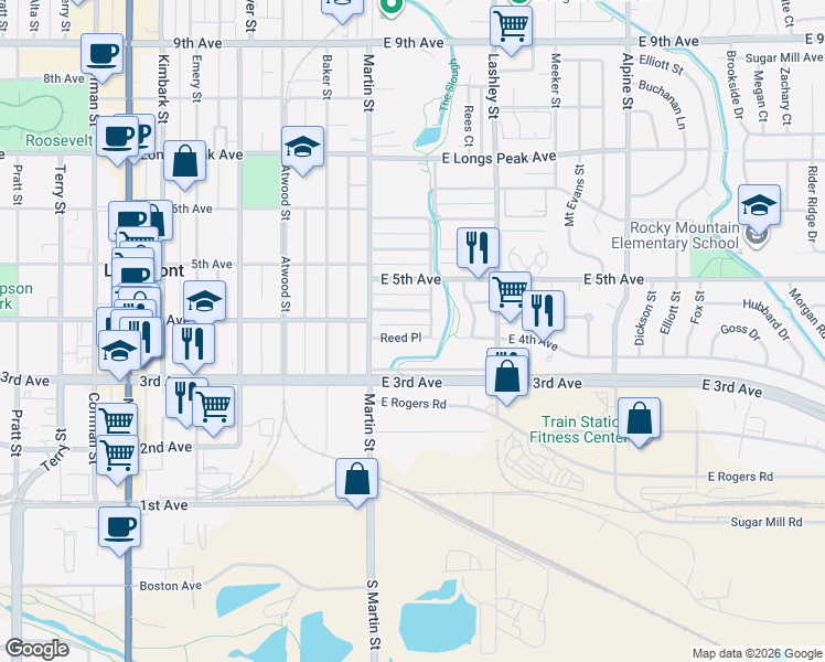 map of restaurants, bars, coffee shops, grocery stores, and more near 36 Reed Place in Longmont