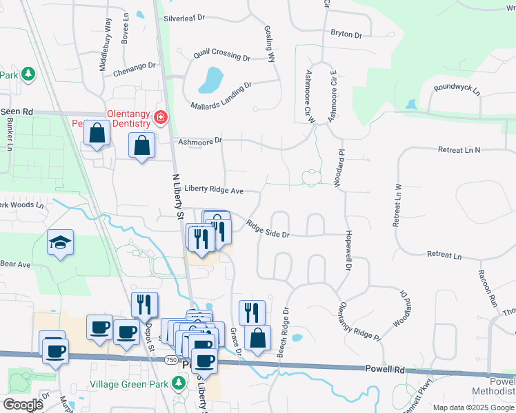 map of restaurants, bars, coffee shops, grocery stores, and more near 351 Village Ridge Drive in Powell