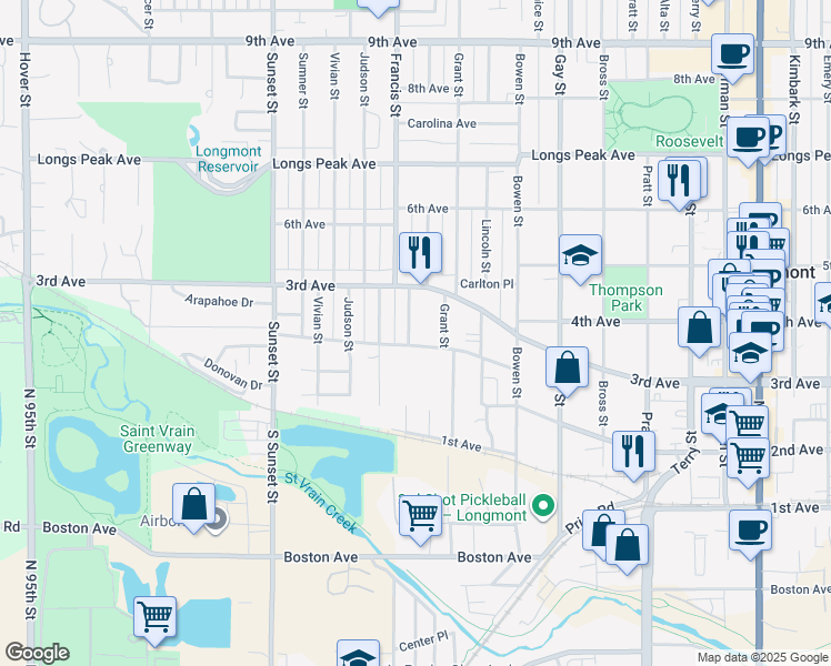 map of restaurants, bars, coffee shops, grocery stores, and more near 208 Sherman Street in Longmont