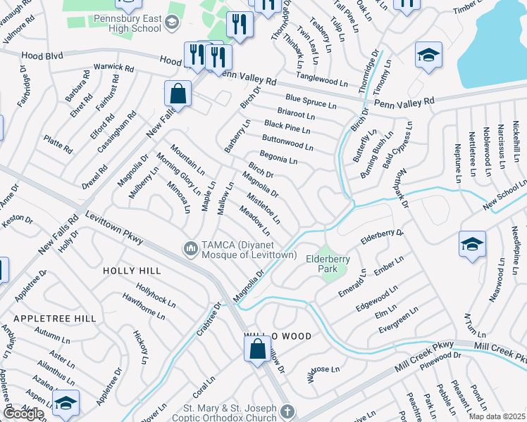map of restaurants, bars, coffee shops, grocery stores, and more near 31 Mistletoe Lane in Levittown