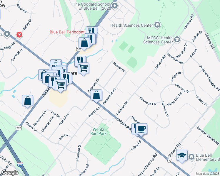 map of restaurants, bars, coffee shops, grocery stores, and more near in Center Square