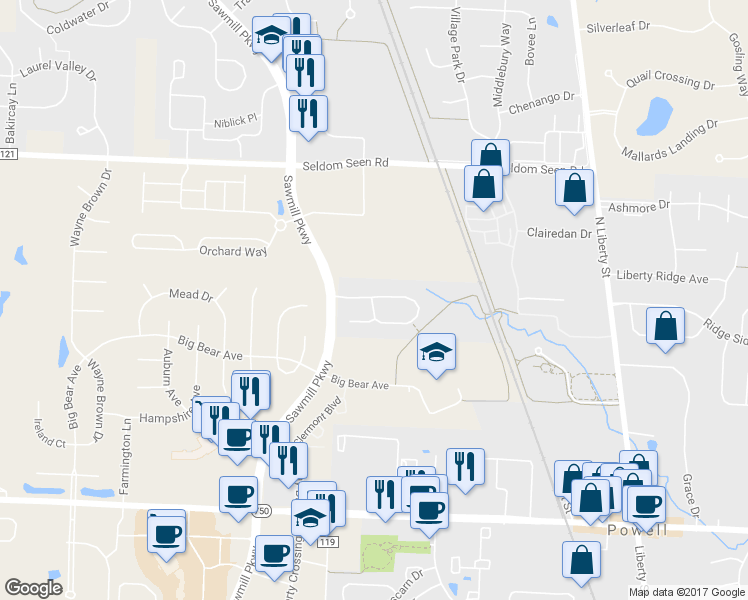 map of restaurants, bars, coffee shops, grocery stores, and more near 384 Park Woods Lane in Powell