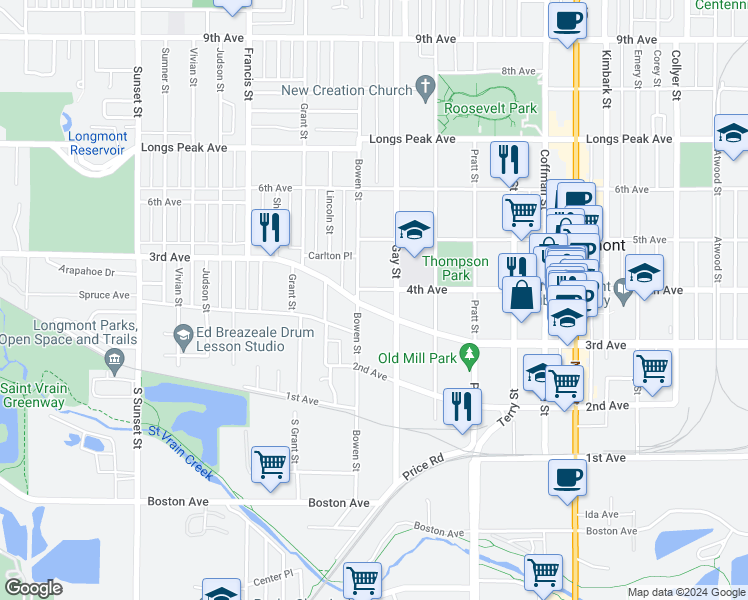 map of restaurants, bars, coffee shops, grocery stores, and more near 1111 4th Avenue in Longmont