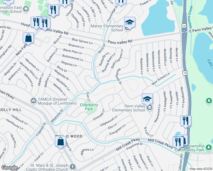 map of restaurants, bars, coffee shops, grocery stores, and more near 43 Everturn Lane in Levittown
