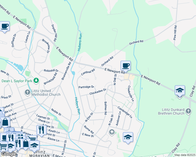 map of restaurants, bars, coffee shops, grocery stores, and more near 33 Pheasant Lane in Lititz