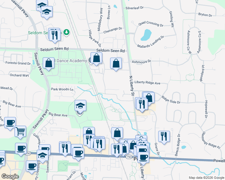 map of restaurants, bars, coffee shops, grocery stores, and more near 187 Penny Lane in Powell