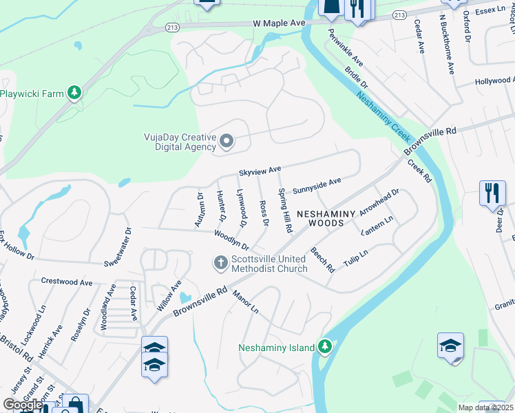 map of restaurants, bars, coffee shops, grocery stores, and more near 723 Ross Drive in Langhorne