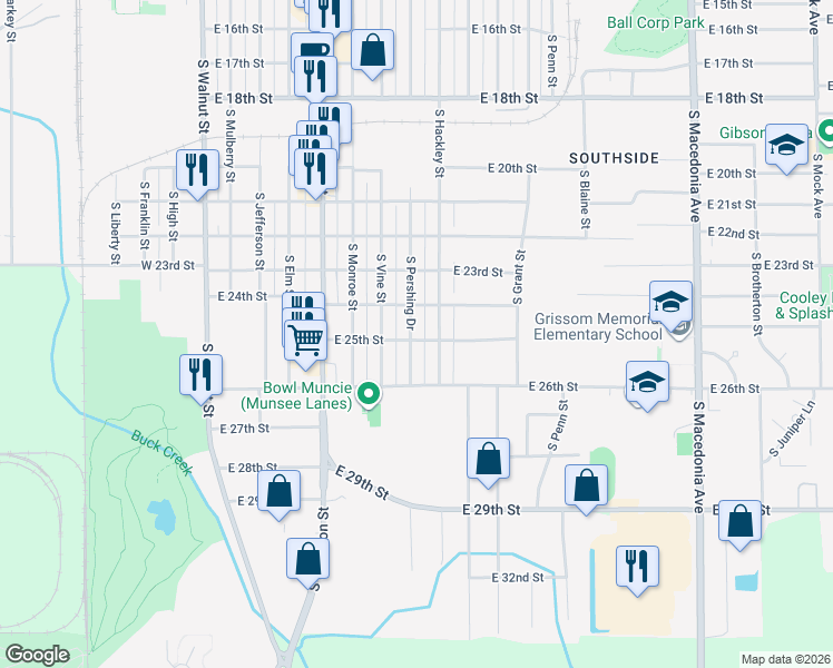 map of restaurants, bars, coffee shops, grocery stores, and more near 3113 South Pershing Drive in Muncie