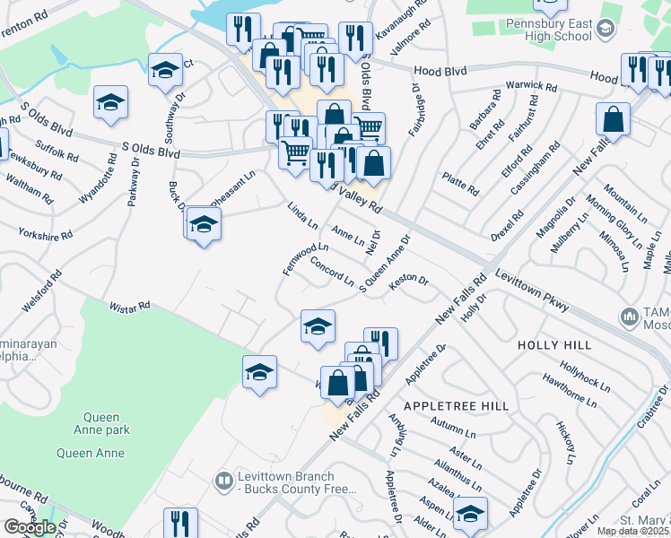 map of restaurants, bars, coffee shops, grocery stores, and more near 511 Concord Lane in Fairless Hills
