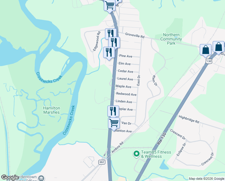 map of restaurants, bars, coffee shops, grocery stores, and more near in Bordentown