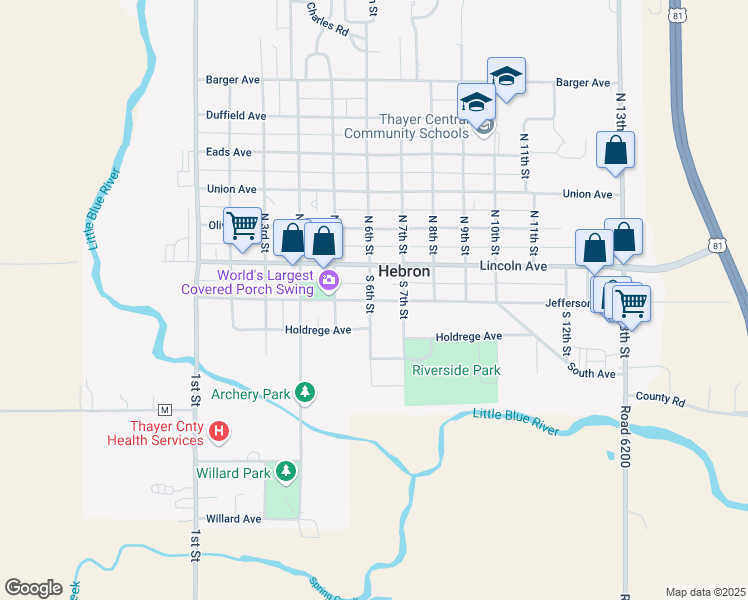 map of restaurants, bars, coffee shops, grocery stores, and more near 610 Jefferson Avenue in Hebron