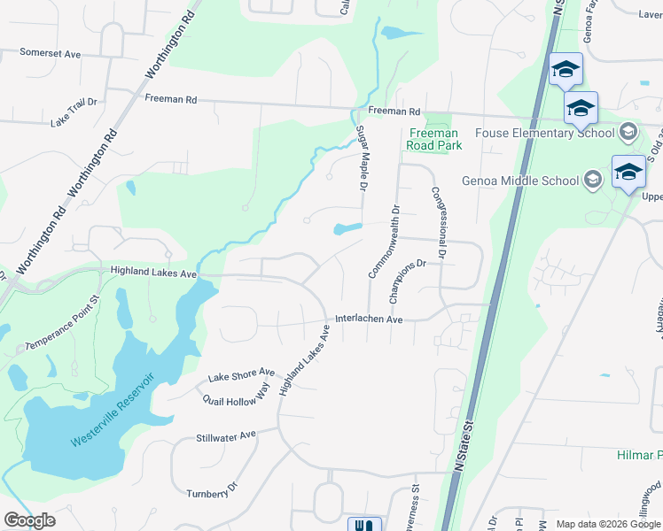 map of restaurants, bars, coffee shops, grocery stores, and more near 6373 Waterwood Drive in Westerville