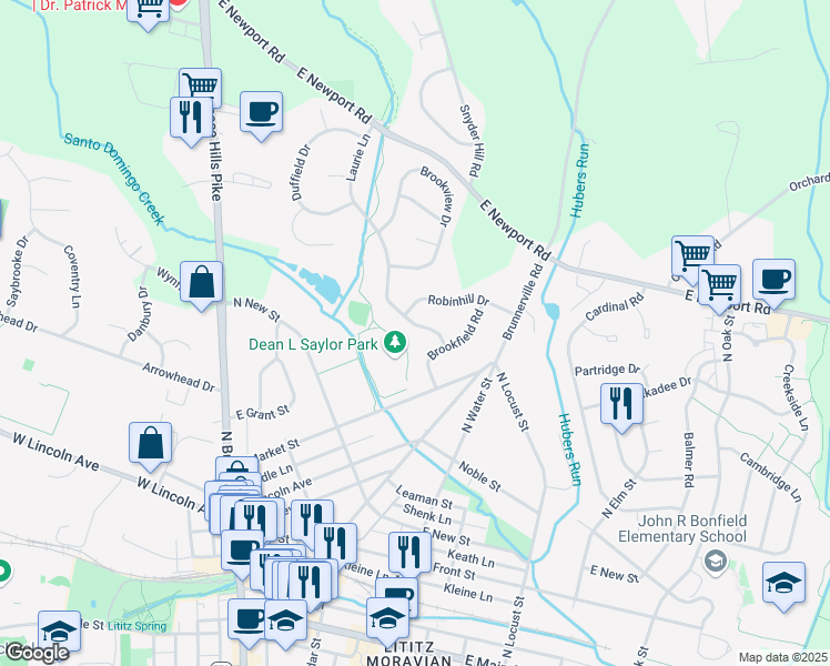 map of restaurants, bars, coffee shops, grocery stores, and more near 41 Laurie Lane in Lititz