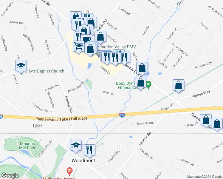 map of restaurants, bars, coffee shops, grocery stores, and more near 2023 Jason Drive in Montgomery County