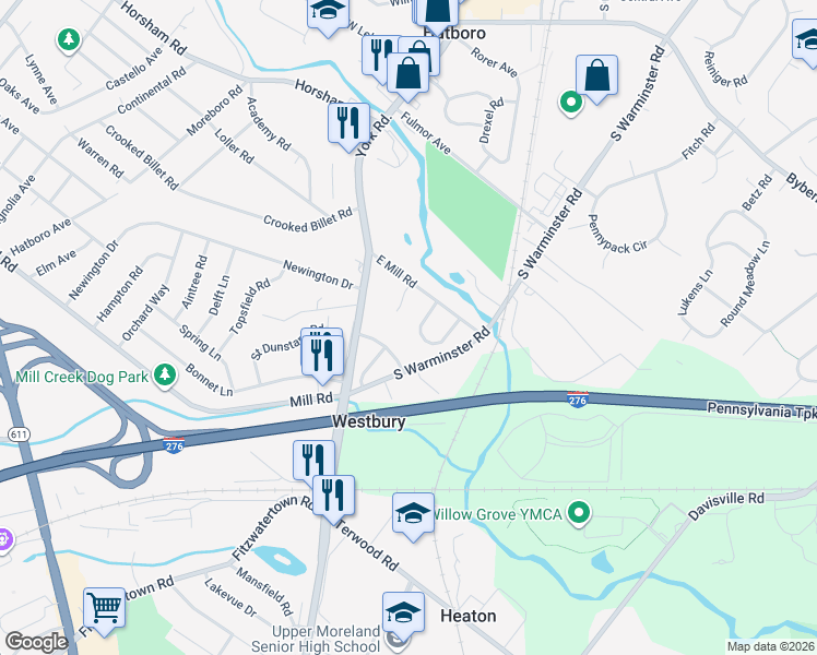 map of restaurants, bars, coffee shops, grocery stores, and more near 9 Horseshoe Lane in Hatboro