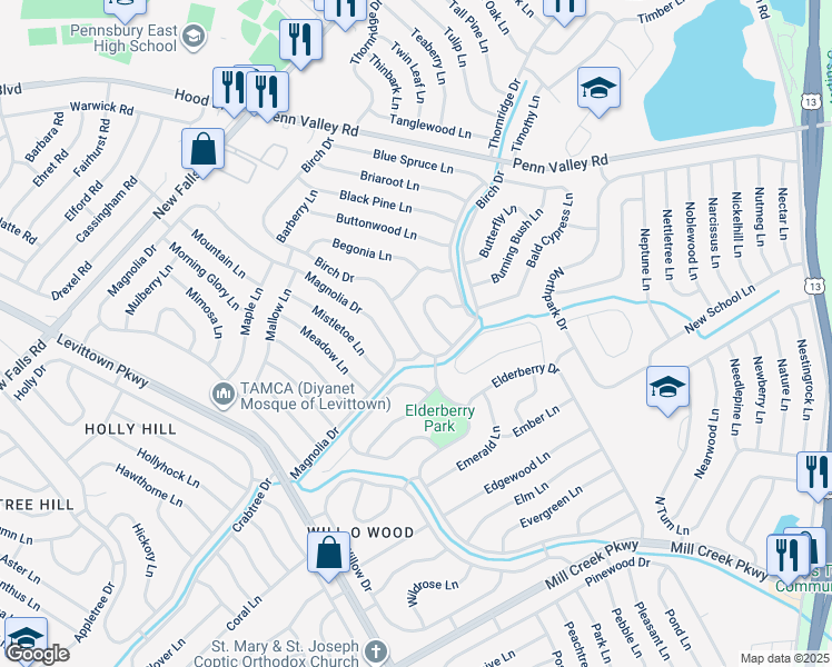 map of restaurants, bars, coffee shops, grocery stores, and more near 167 Birch Drive in Levittown