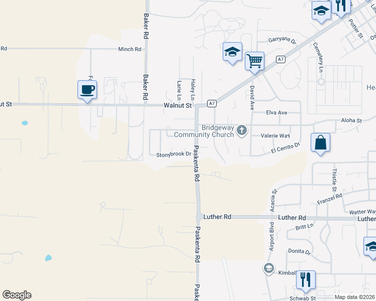 map of restaurants, bars, coffee shops, grocery stores, and more near 2020 Stonybrook Drive in Red Bluff