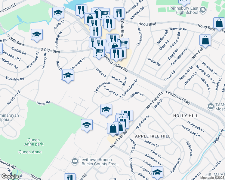 map of restaurants, bars, coffee shops, grocery stores, and more near 511 Concord Lane in Fairless Hills