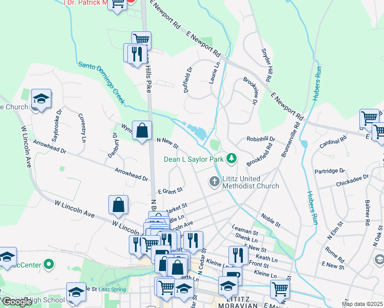 map of restaurants, bars, coffee shops, grocery stores, and more near 329 North New Street in Lititz