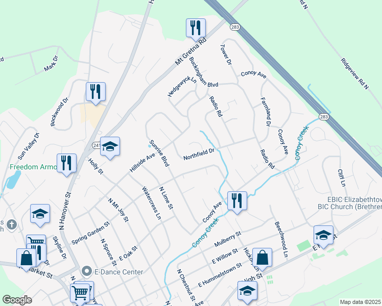 map of restaurants, bars, coffee shops, grocery stores, and more near 1001 Northfield Dr in Elizabethtown