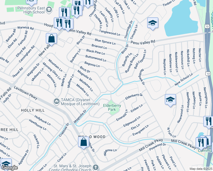 map of restaurants, bars, coffee shops, grocery stores, and more near 167 Birch Drive in Levittown