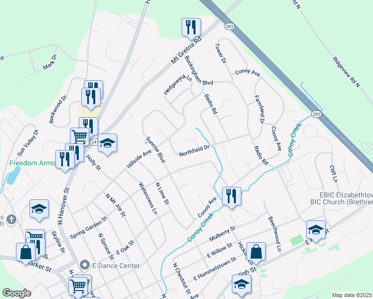 map of restaurants, bars, coffee shops, grocery stores, and more near 1001 Northfield Dr in Elizabethtown