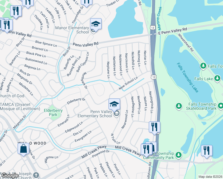 map of restaurants, bars, coffee shops, grocery stores, and more near 5 Neptune Lane in Levittown