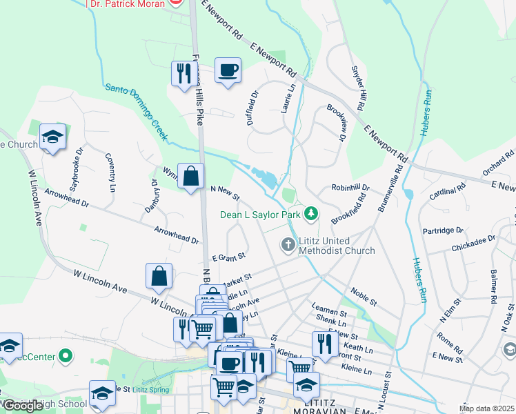 map of restaurants, bars, coffee shops, grocery stores, and more near 329 North New Street in Lititz