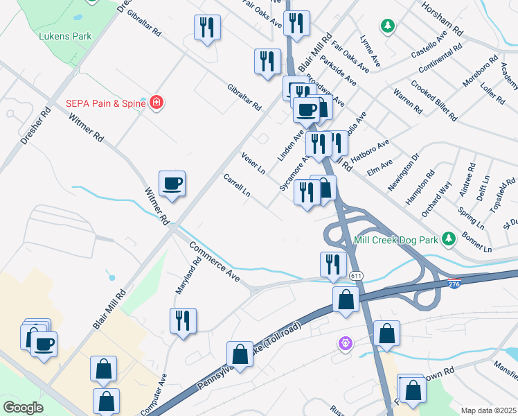 map of restaurants, bars, coffee shops, grocery stores, and more near 2604 Carrell Lane in Willow Grove