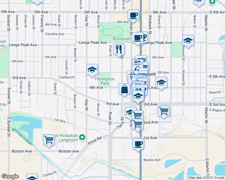 map of restaurants, bars, coffee shops, grocery stores, and more near 831 4th Avenue in Longmont