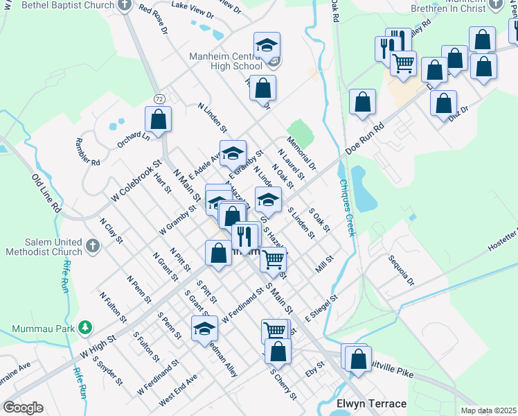 map of restaurants, bars, coffee shops, grocery stores, and more near 108 East High Street in Manheim