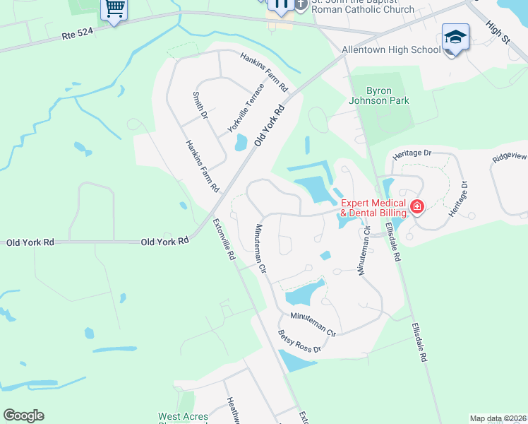 map of restaurants, bars, coffee shops, grocery stores, and more near 48 Minuteman Circle in Allentown