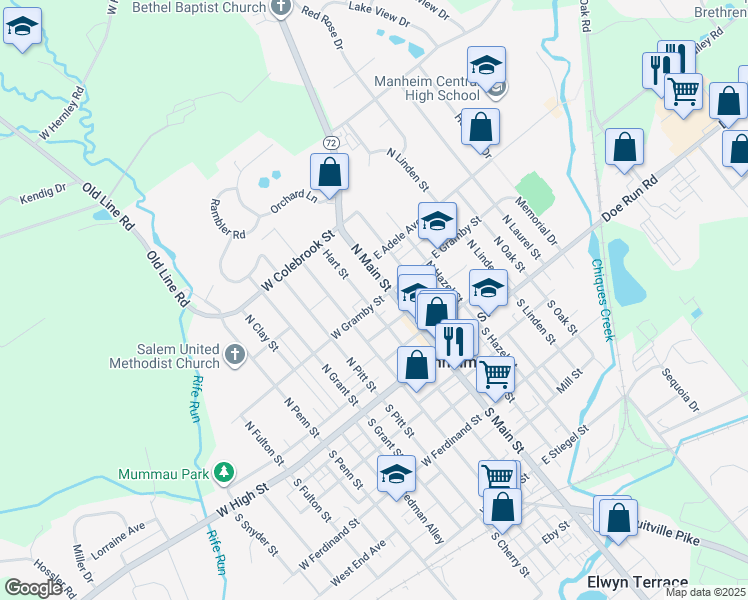map of restaurants, bars, coffee shops, grocery stores, and more near 20 West Gramby Street in Manheim
