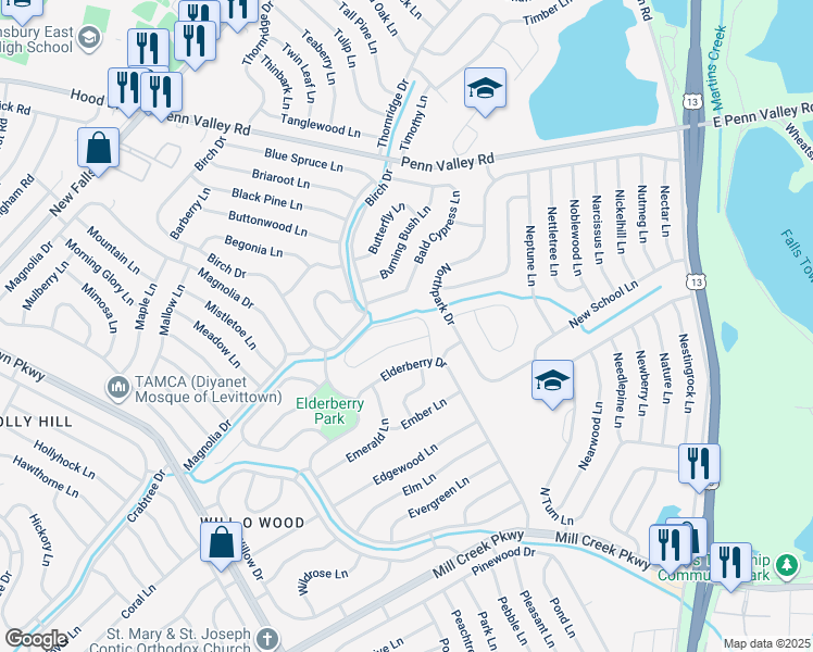 map of restaurants, bars, coffee shops, grocery stores, and more near 43 Everturn Lane in Levittown