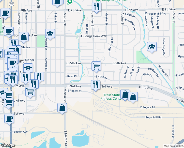 map of restaurants, bars, coffee shops, grocery stores, and more near 403 Lashley Street in Longmont