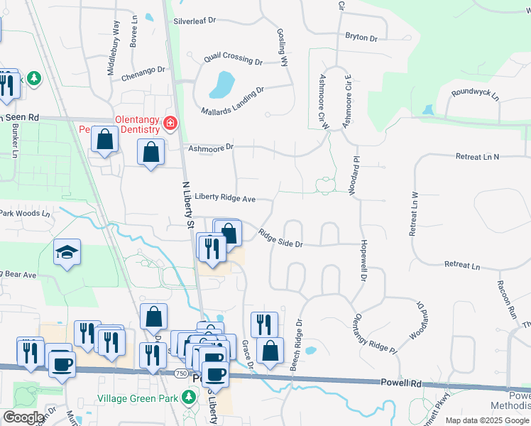 map of restaurants, bars, coffee shops, grocery stores, and more near 351 Village Ridge Drive in Powell