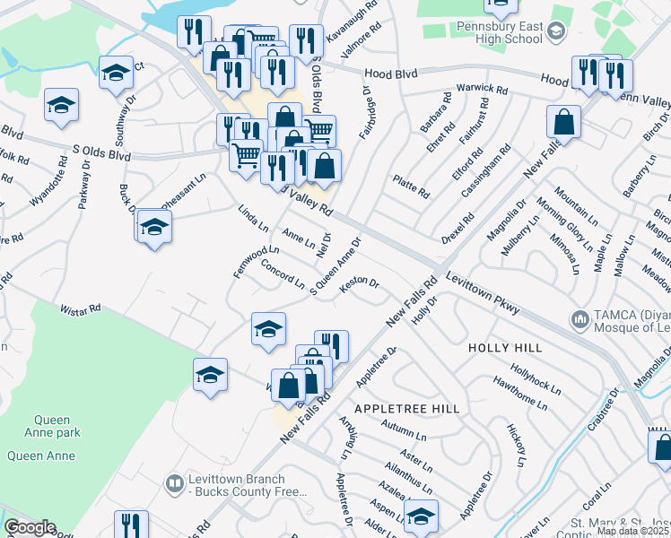 map of restaurants, bars, coffee shops, grocery stores, and more near 615 South Queen Anne Drive in Fairless Hills